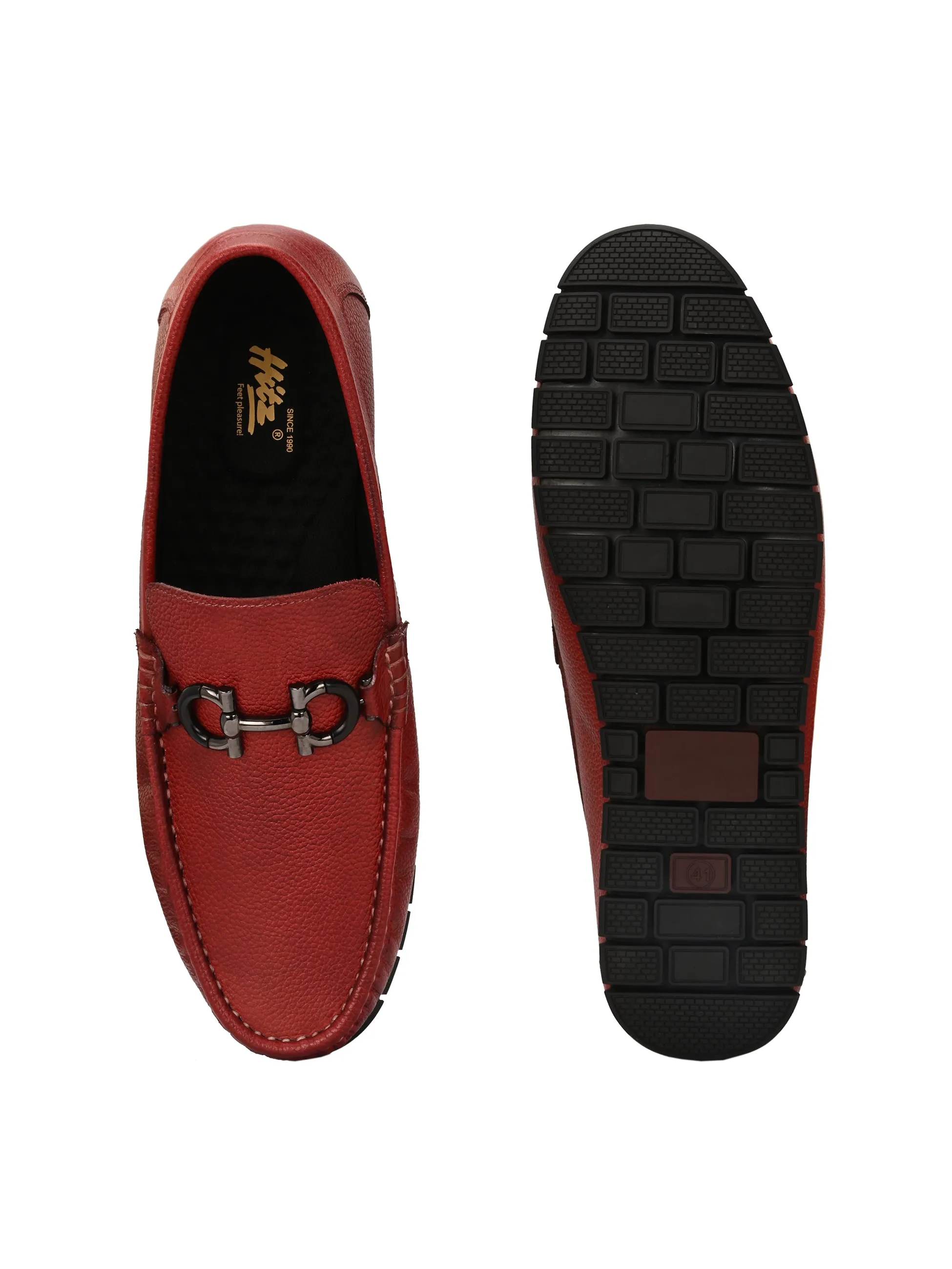 Hitz Men's Red Leather Casual Loafers