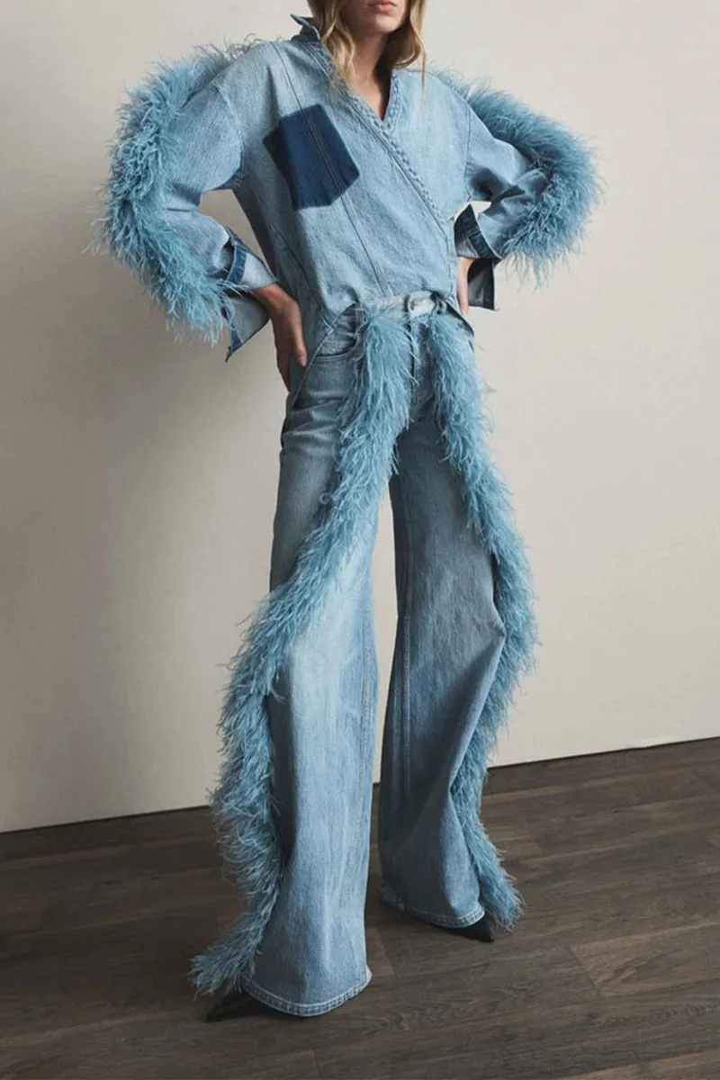 HPU1019 Feathered Flare Statement Jeans Pant