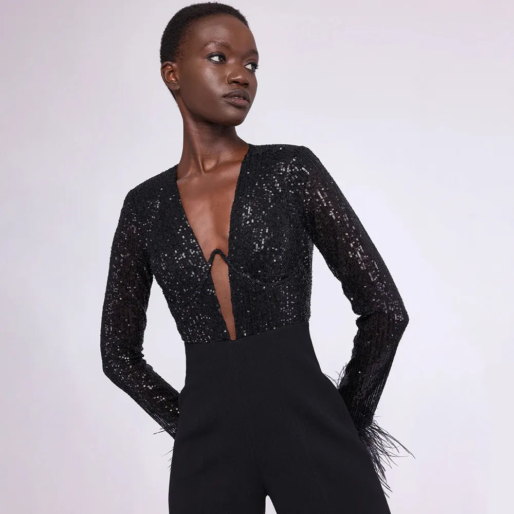 JUNO - Black Sequin Feather Detail Jumpsuit