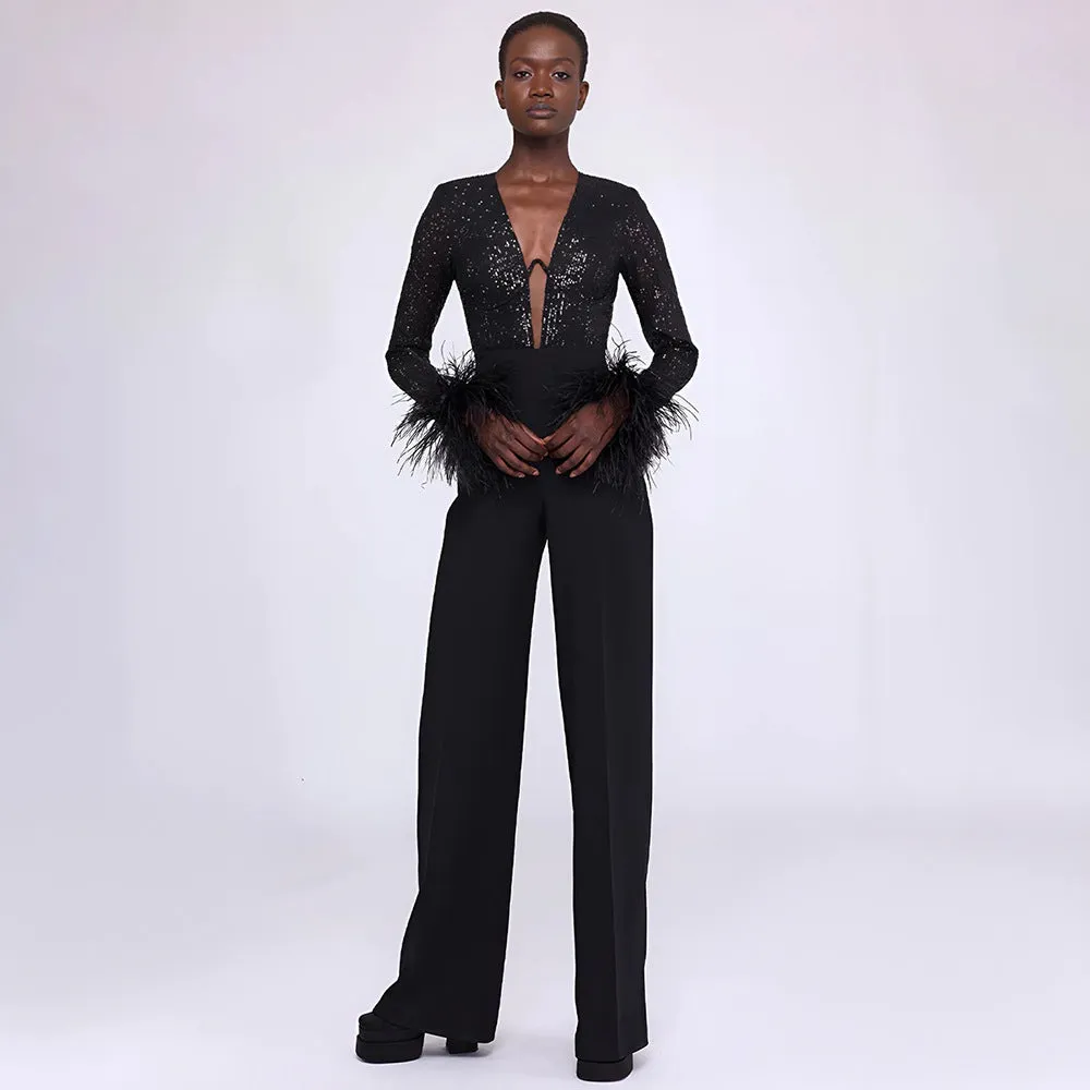 JUNO - Black Sequin Feather Detail Jumpsuit