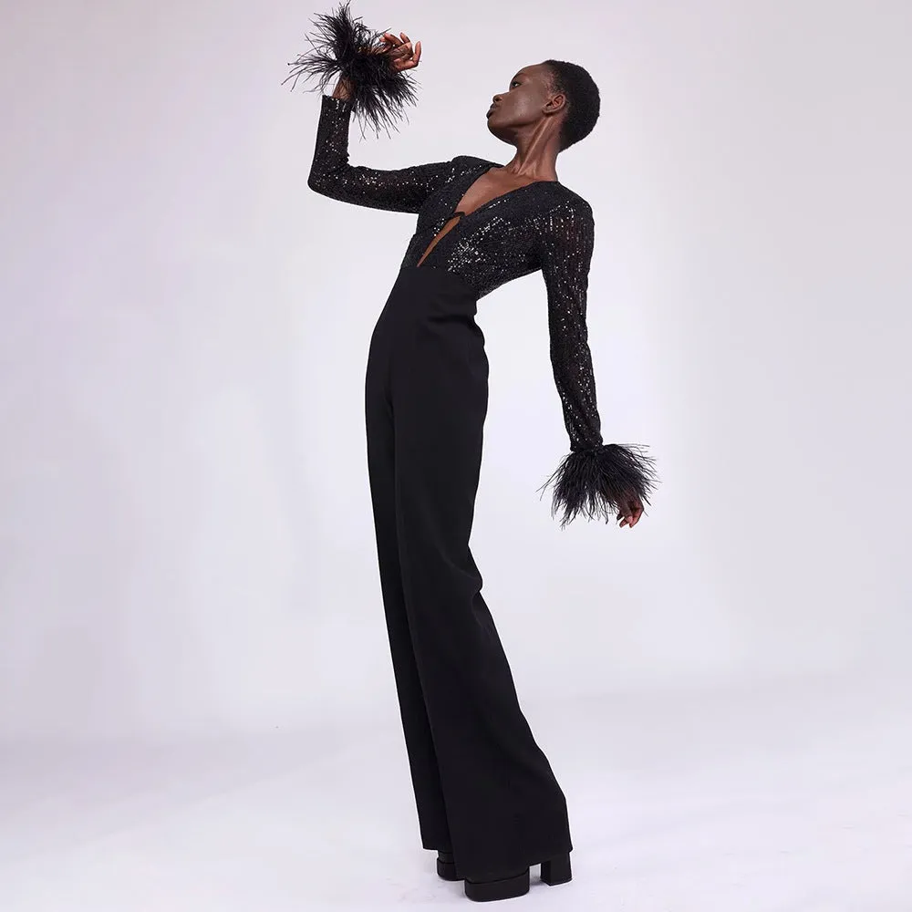 JUNO - Black Sequin Feather Detail Jumpsuit