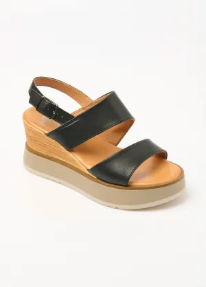 Leather wedge sandals, wood-look heel