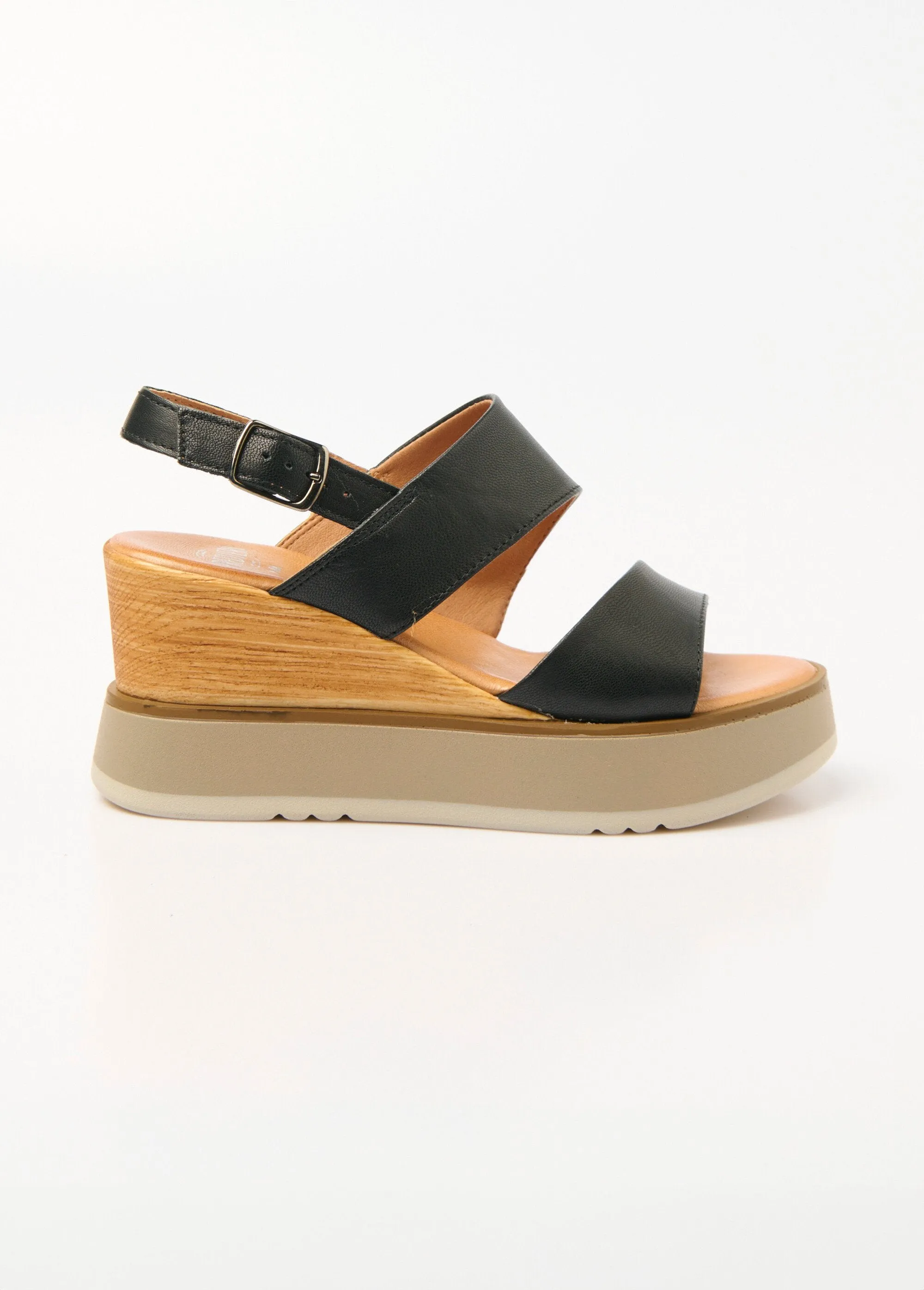 Leather wedge sandals, wood-look heel
