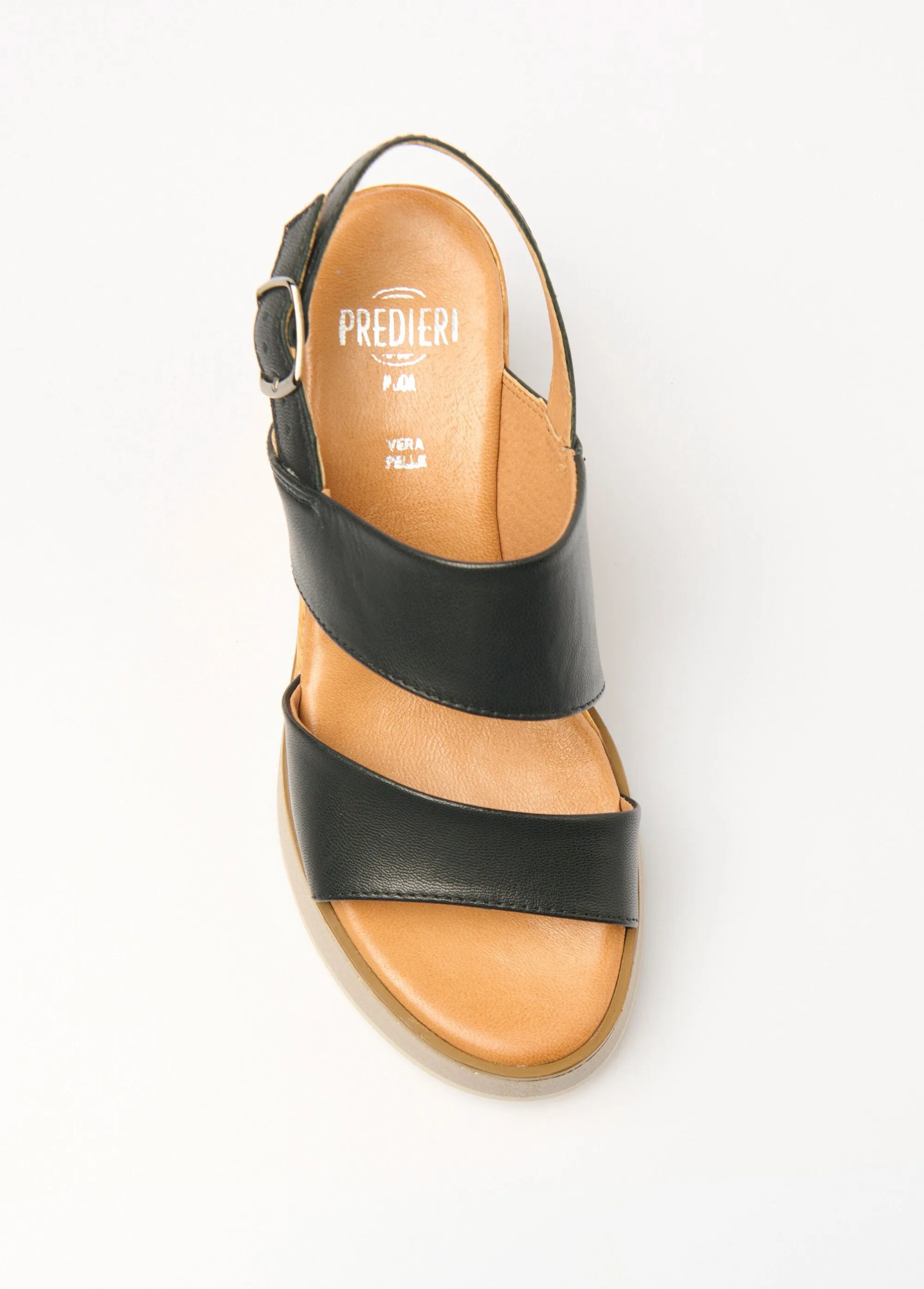 Leather wedge sandals, wood-look heel