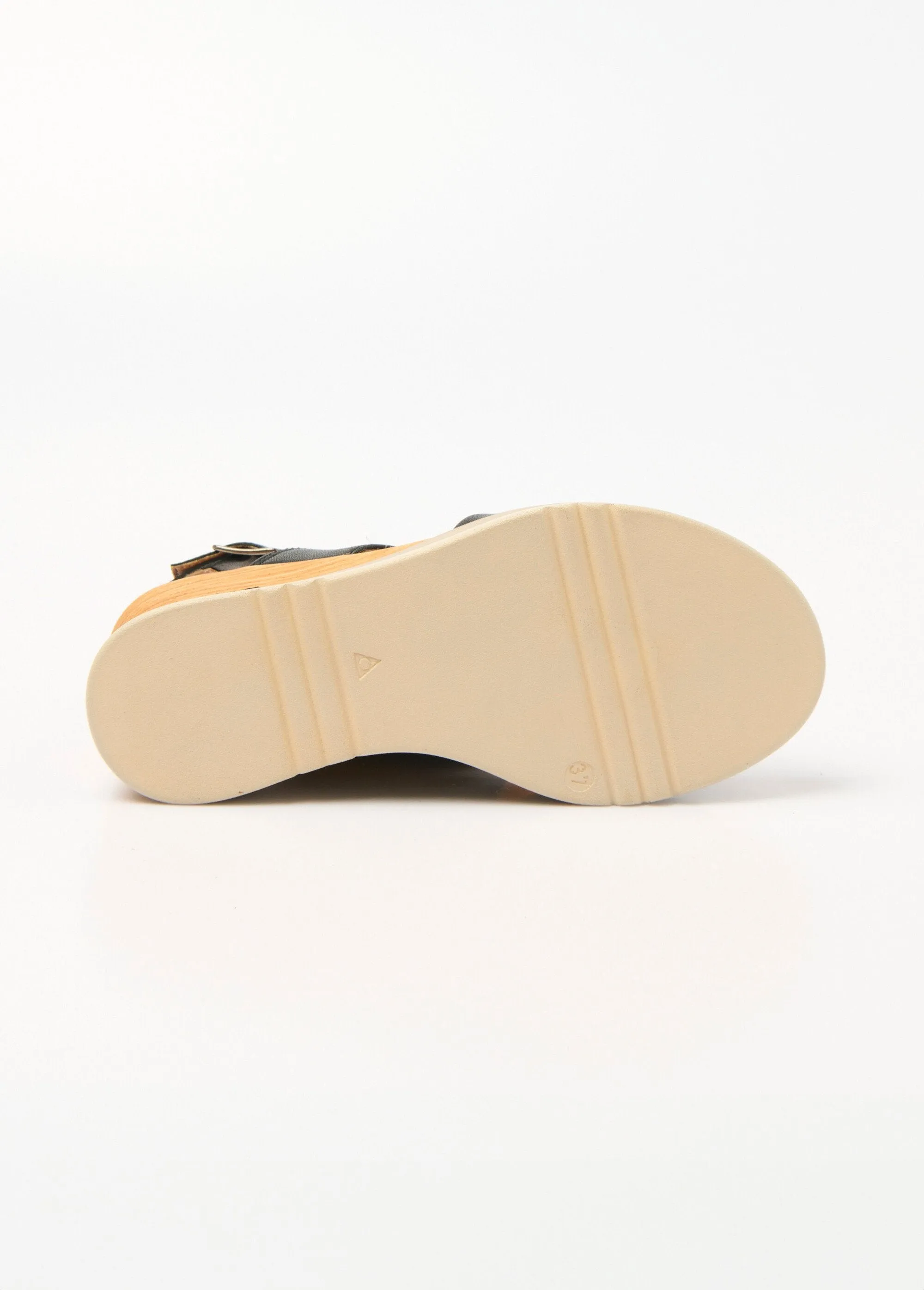 Leather wedge sandals, wood-look heel