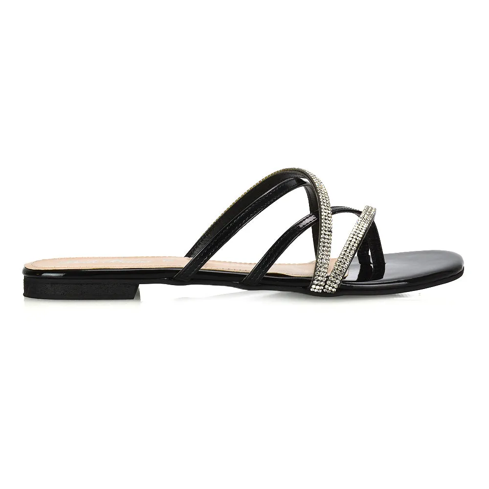 LORETTA CROSS OVER STRAPPY SLIP ON FLAT DIAMANTE SANDALS IN GOLD METALLIC