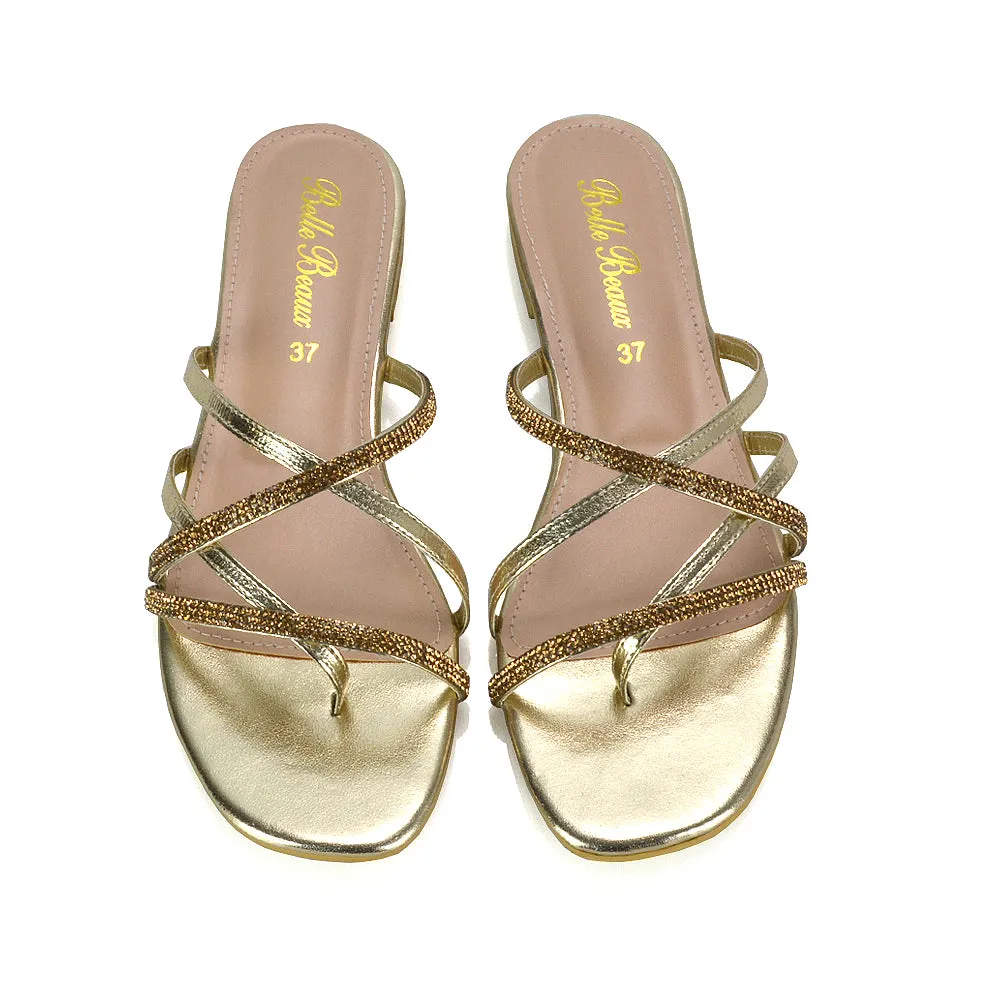LORETTA CROSS OVER STRAPPY SLIP ON FLAT DIAMANTE SANDALS IN GOLD METALLIC