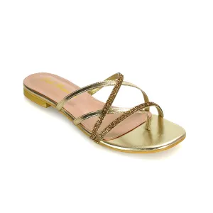 LORETTA CROSS OVER STRAPPY SLIP ON FLAT DIAMANTE SANDALS IN GOLD METALLIC
