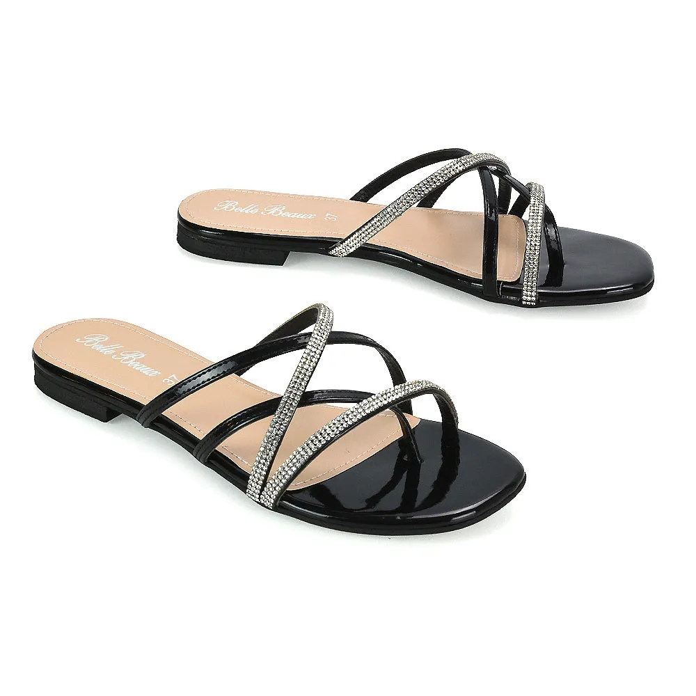 LORETTA CROSS OVER STRAPPY SLIP ON FLAT DIAMANTE SANDALS IN GOLD METALLIC