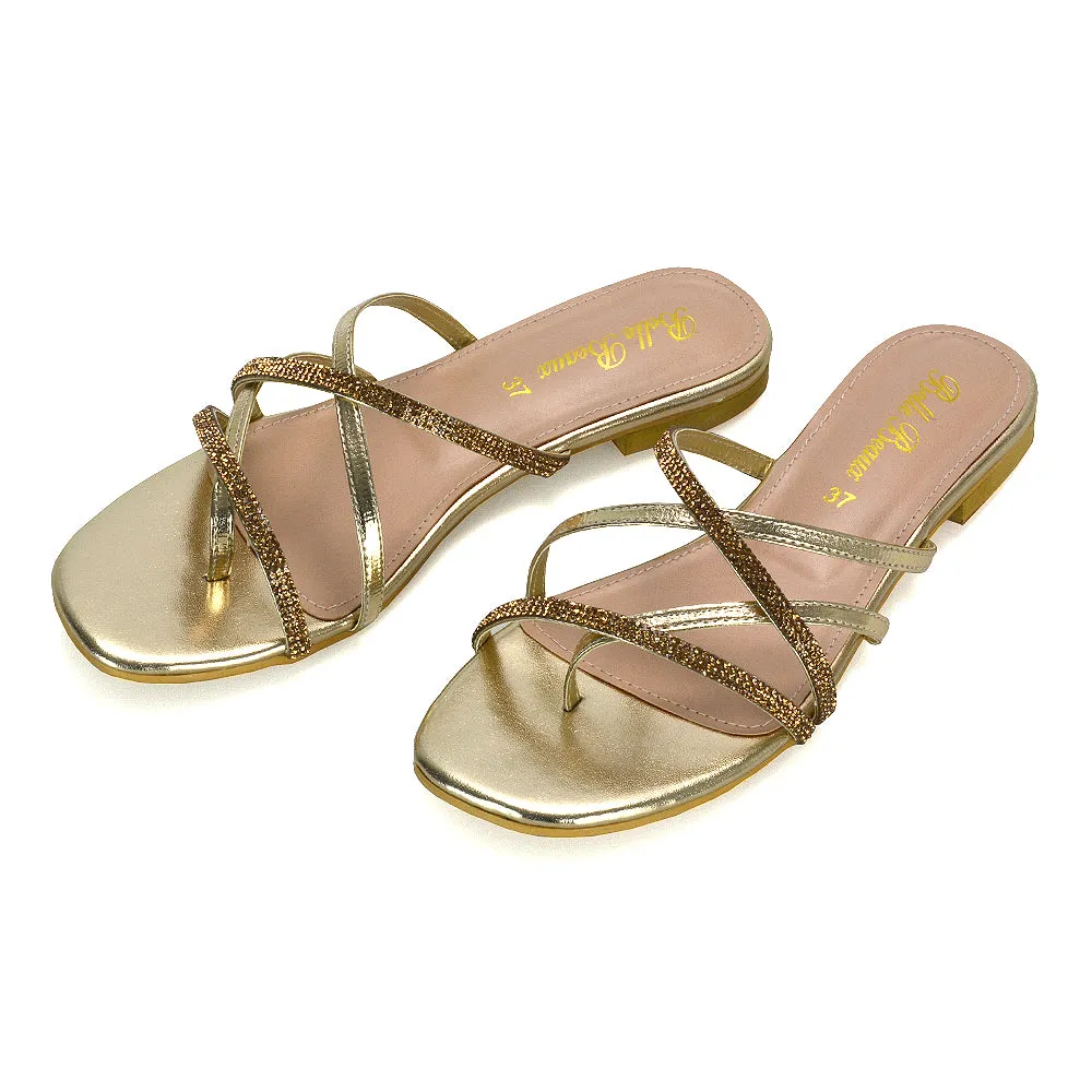 LORETTA CROSS OVER STRAPPY SLIP ON FLAT DIAMANTE SANDALS IN GOLD METALLIC