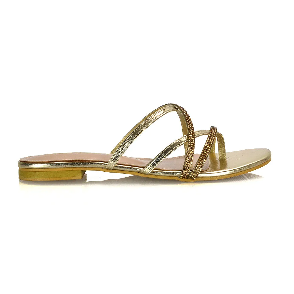 LORETTA CROSS OVER STRAPPY SLIP ON FLAT DIAMANTE SANDALS IN GOLD METALLIC