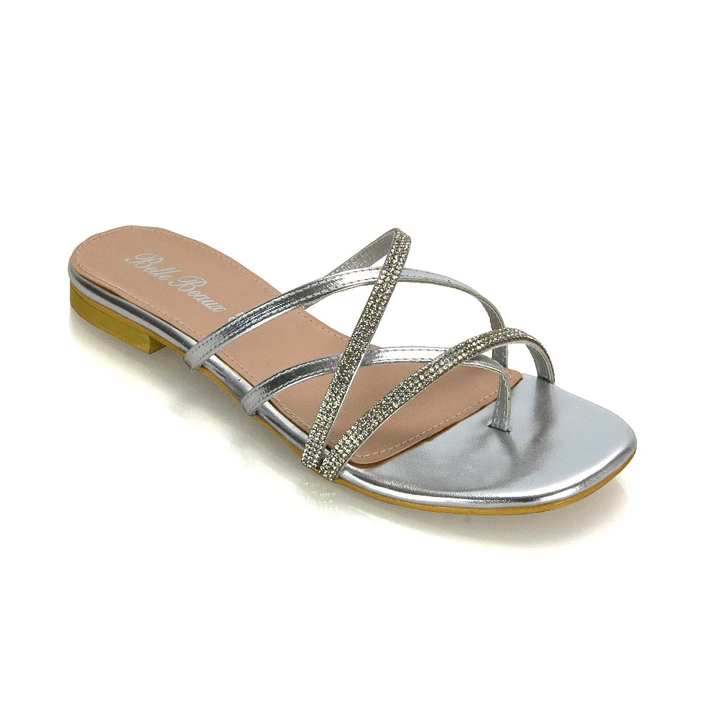 LORETTA CROSS OVER STRAPPY SLIP ON FLAT DIAMANTE SANDALS IN GOLD METALLIC