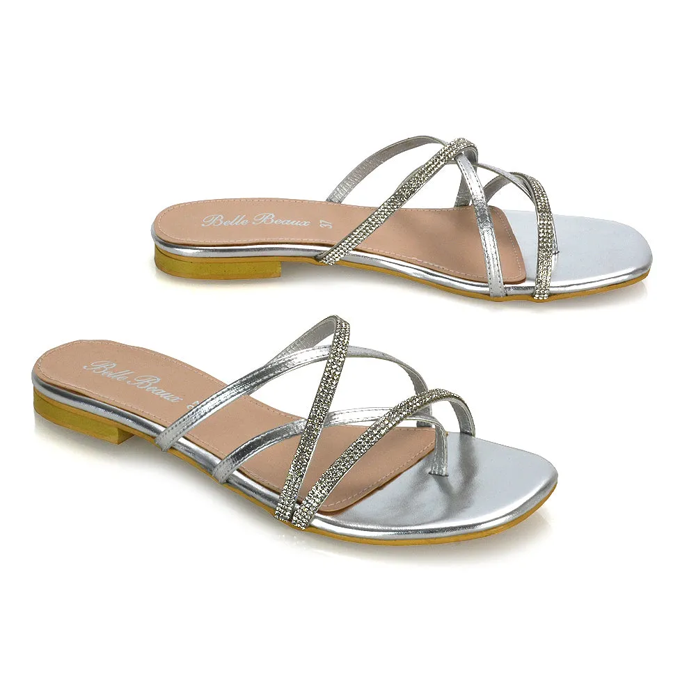 LORETTA CROSS OVER STRAPPY SLIP ON FLAT DIAMANTE SANDALS IN GOLD METALLIC