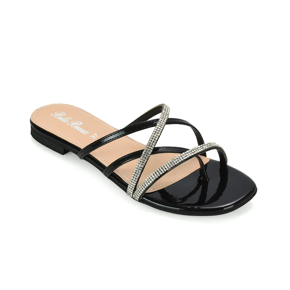 LORETTA CROSS OVER STRAPPY SLIP ON FLAT DIAMANTE SANDALS IN GOLD METALLIC