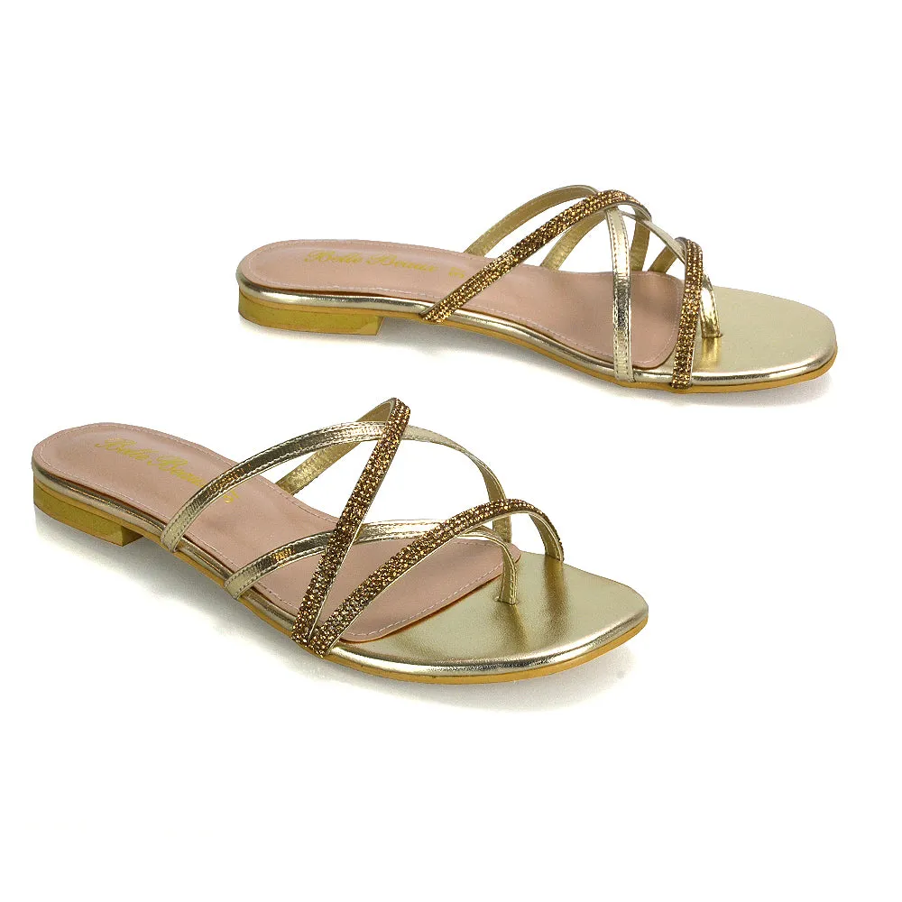 LORETTA CROSS OVER STRAPPY SLIP ON FLAT DIAMANTE SANDALS IN GOLD METALLIC