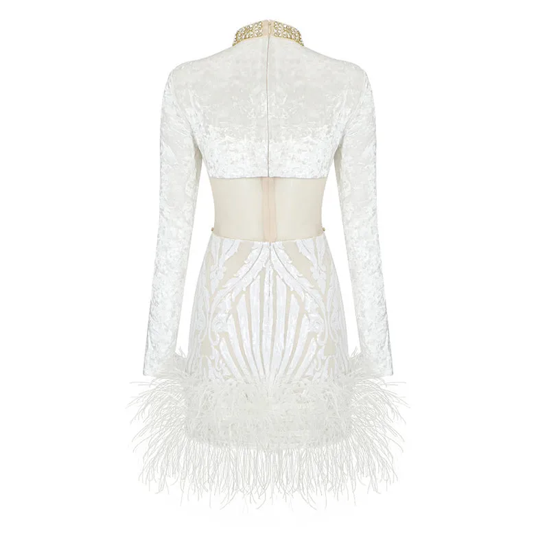 Lyana Cutout Beaded Feather Mini Dress