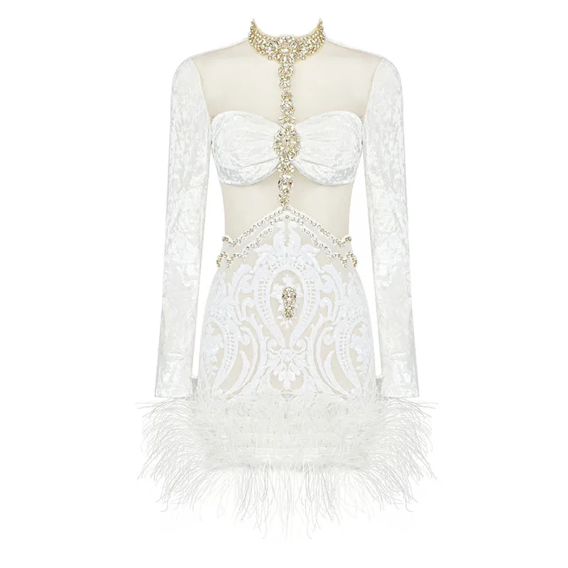 Lyana Cutout Beaded Feather Mini Dress