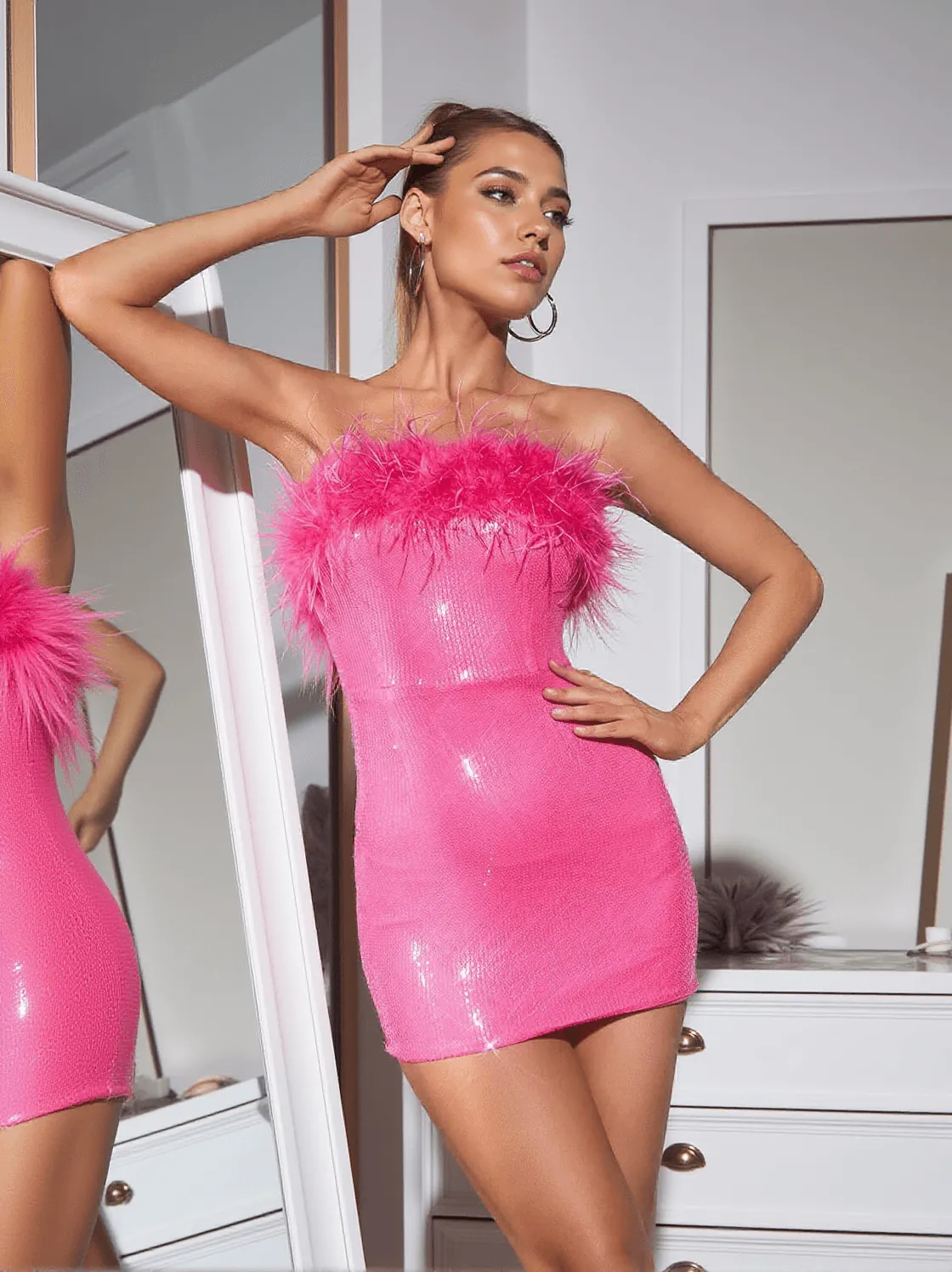 Marin Strapless Feather Sequin Mini Dress In Hot Pink