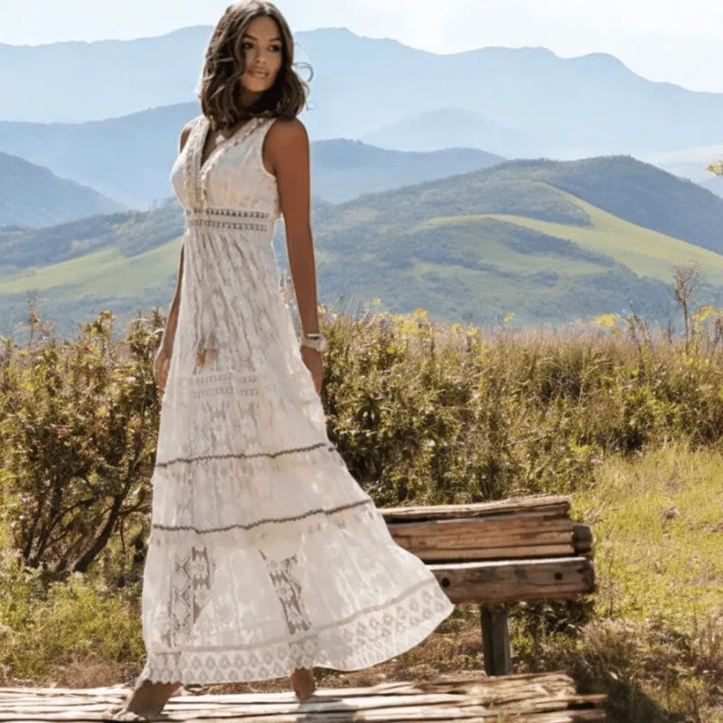 Mason | Boho White Lace Maxi Dress – Holiday & Beach Style