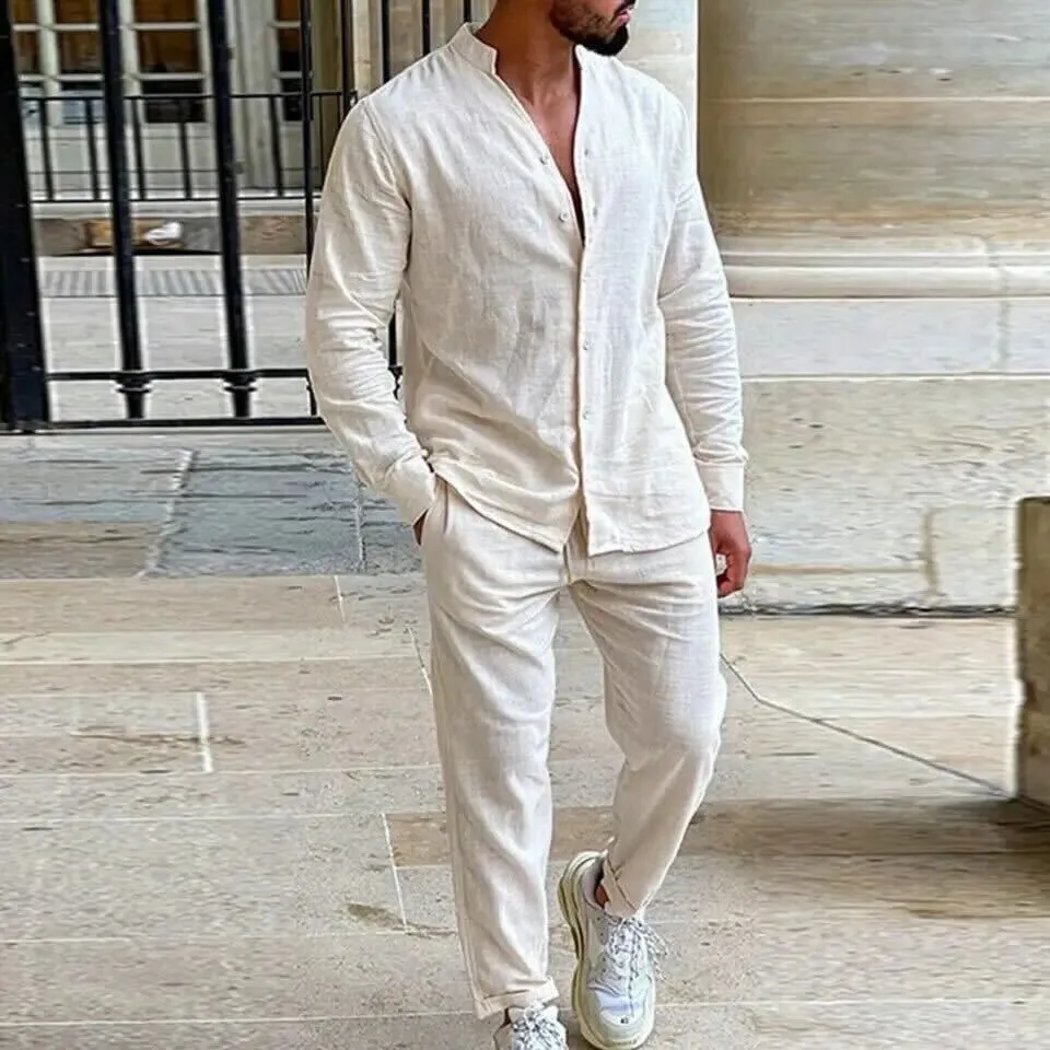 Men's Cotton Linen Button-Up Shirt and Cropped Pants Set