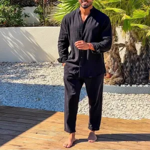 Men's Cotton Linen Button-Up Shirt and Cropped Pants Set