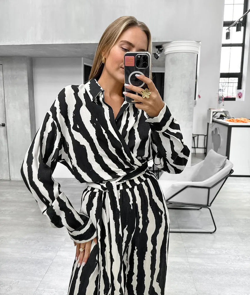 Modern Zebra Striped Long-Sleeve Wrap Top and Wide-Leg Pants Set