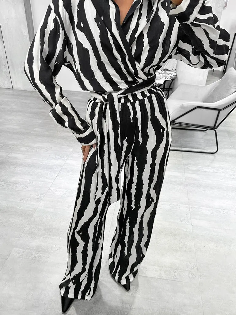 Modern Zebra Striped Long-Sleeve Wrap Top and Wide-Leg Pants Set