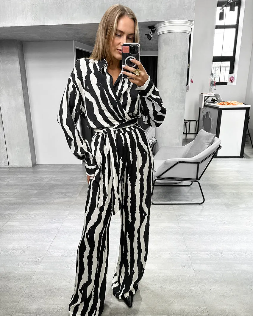 Modern Zebra Striped Long-Sleeve Wrap Top and Wide-Leg Pants Set