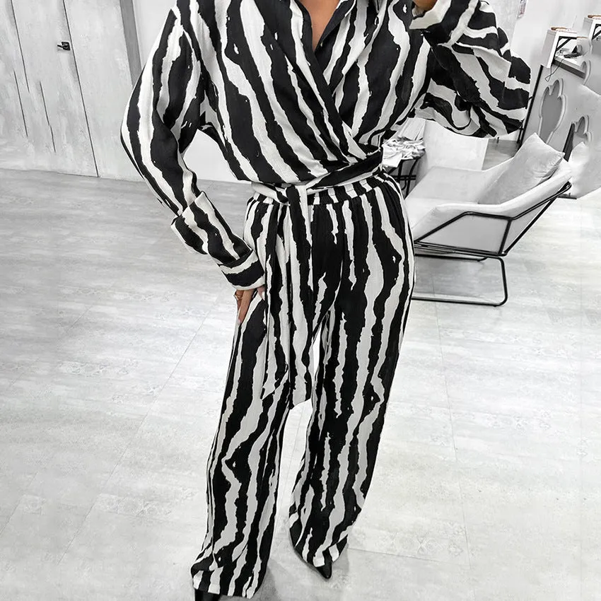 Modern Zebra Striped Long-Sleeve Wrap Top and Wide-Leg Pants Set