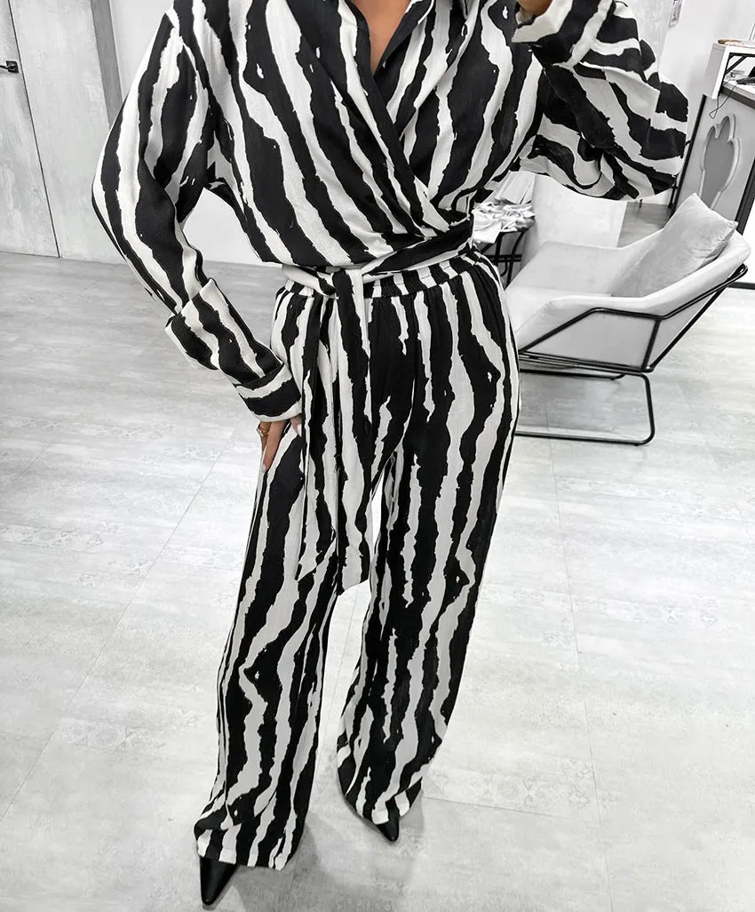 Modern Zebra Striped Long-Sleeve Wrap Top and Wide-Leg Pants Set