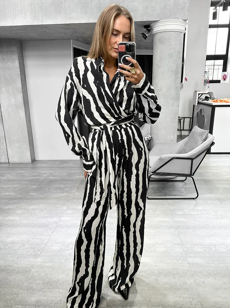 Modern Zebra Striped Long-Sleeve Wrap Top and Wide-Leg Pants Set