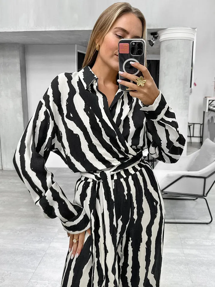 Modern Zebra Striped Long-Sleeve Wrap Top and Wide-Leg Pants Set