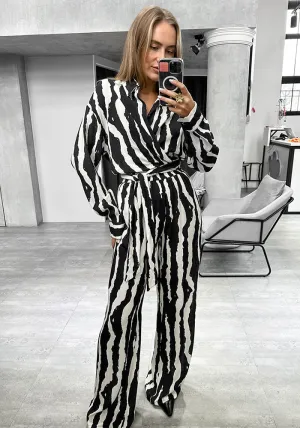Modern Zebra Striped Long-Sleeve Wrap Top and Wide-Leg Pants Set