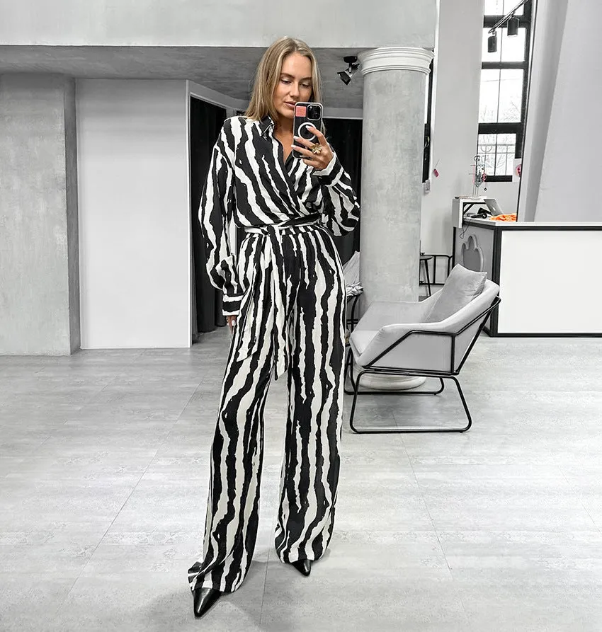 Modern Zebra Striped Long-Sleeve Wrap Top and Wide-Leg Pants Set