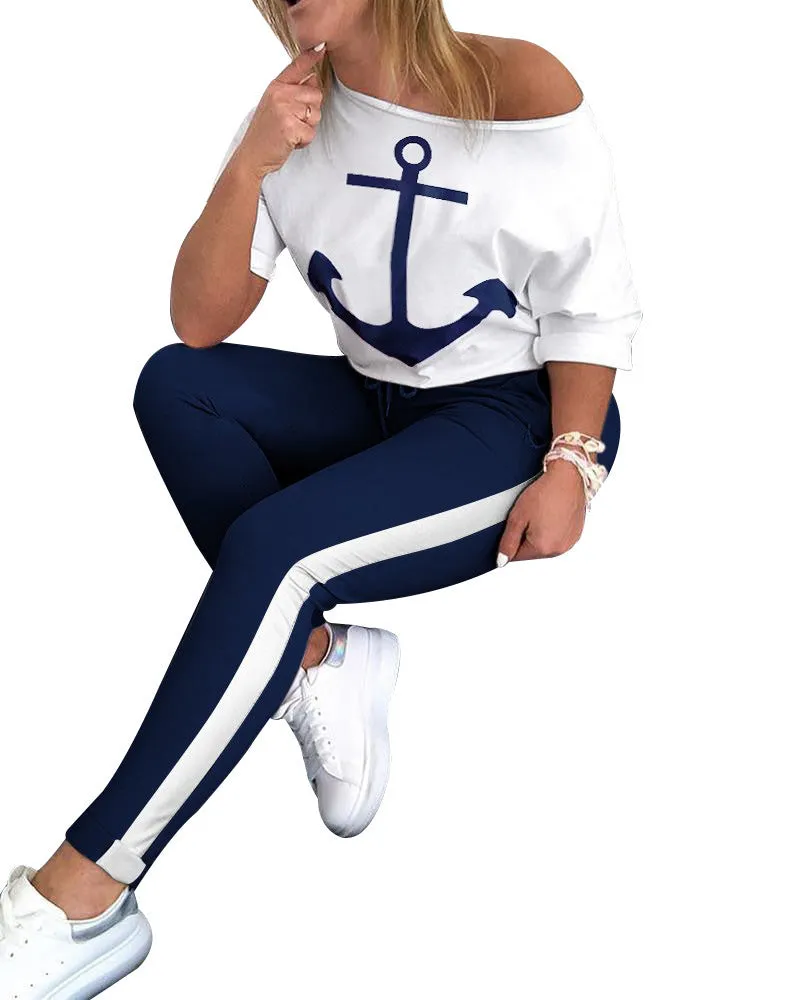 Nautical-Inspired Anchor Print Two-Piece Set with Casual Elegance