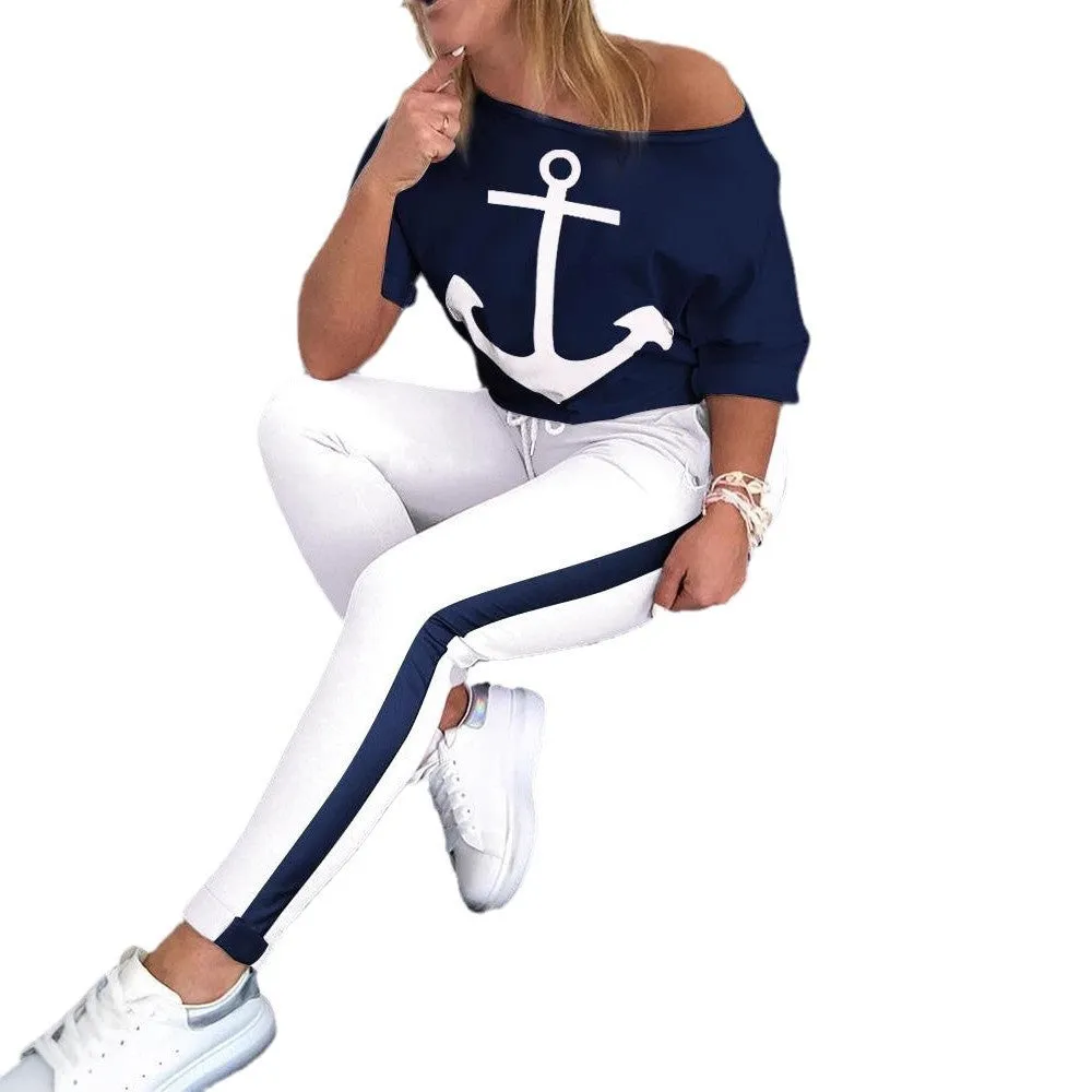 Nautical-Inspired Anchor Print Two-Piece Set with Casual Elegance