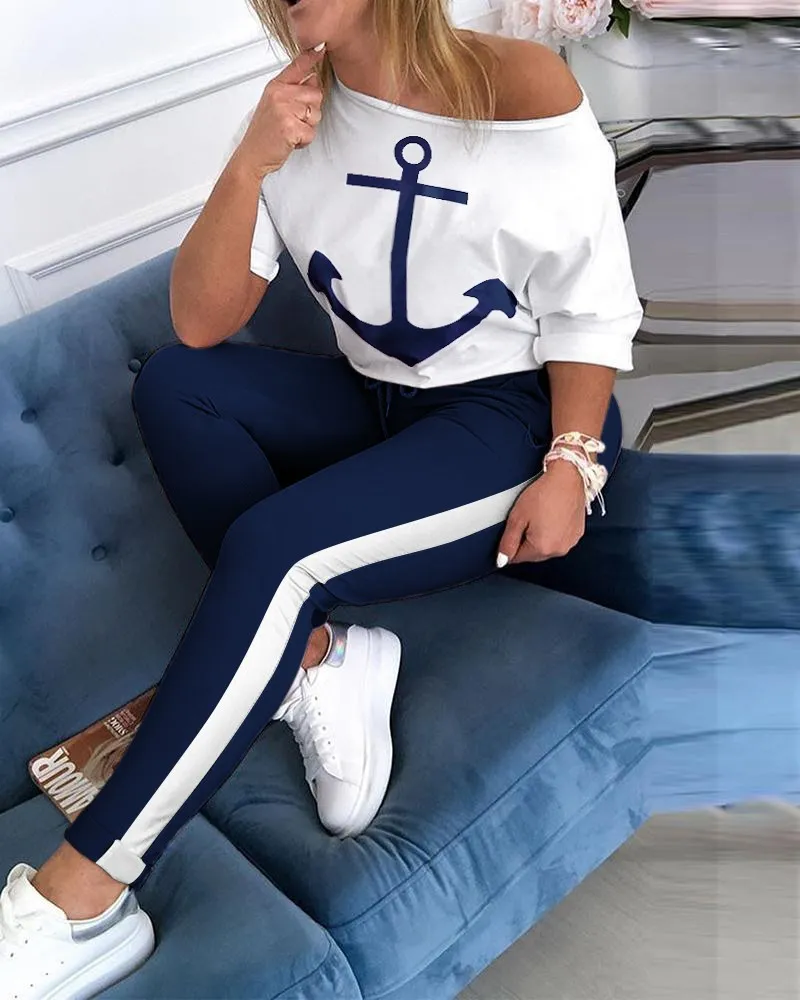 Nautical-Inspired Anchor Print Two-Piece Set with Casual Elegance