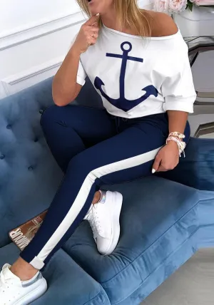 Nautical-Inspired Anchor Print Two-Piece Set with Casual Elegance