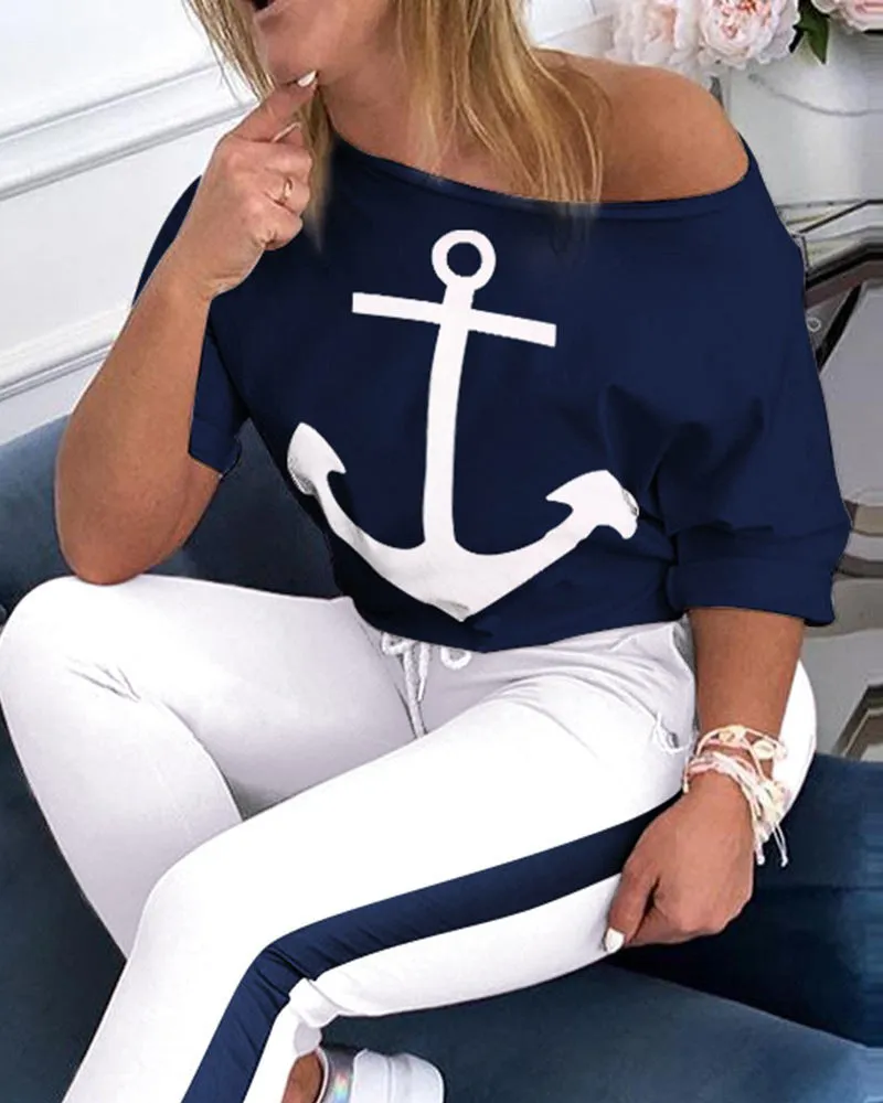 Nautical-Inspired Anchor Print Two-Piece Set with Casual Elegance