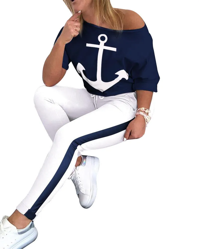 Nautical-Inspired Anchor Print Two-Piece Set with Casual Elegance