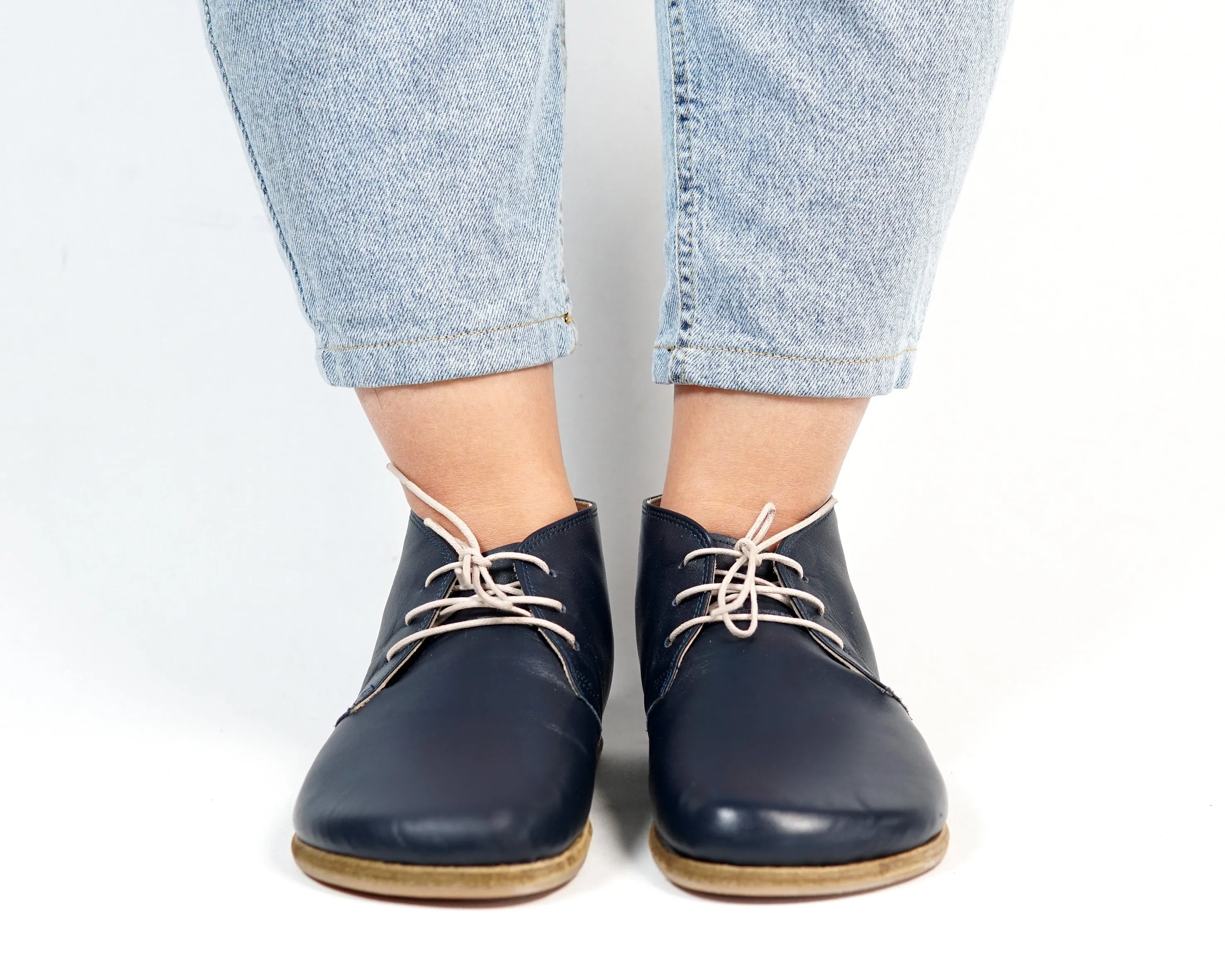 Navy Blue Ankle Boots Wide Barefoot Smooth Leather Handmade Shoes