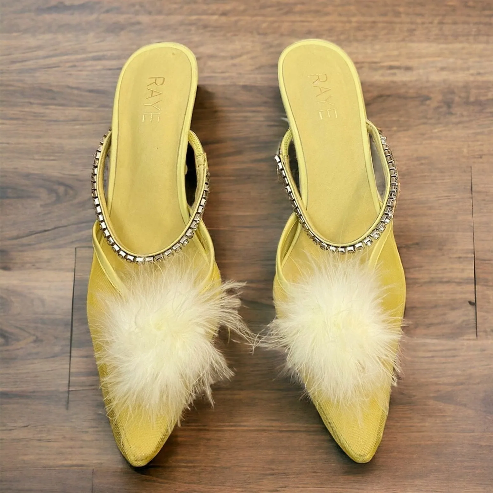 NEW RAYE Women's Duke Heel - Mesh Feather Pompom Crystal Embellished Strap, Pale Yellow, Size 9.5