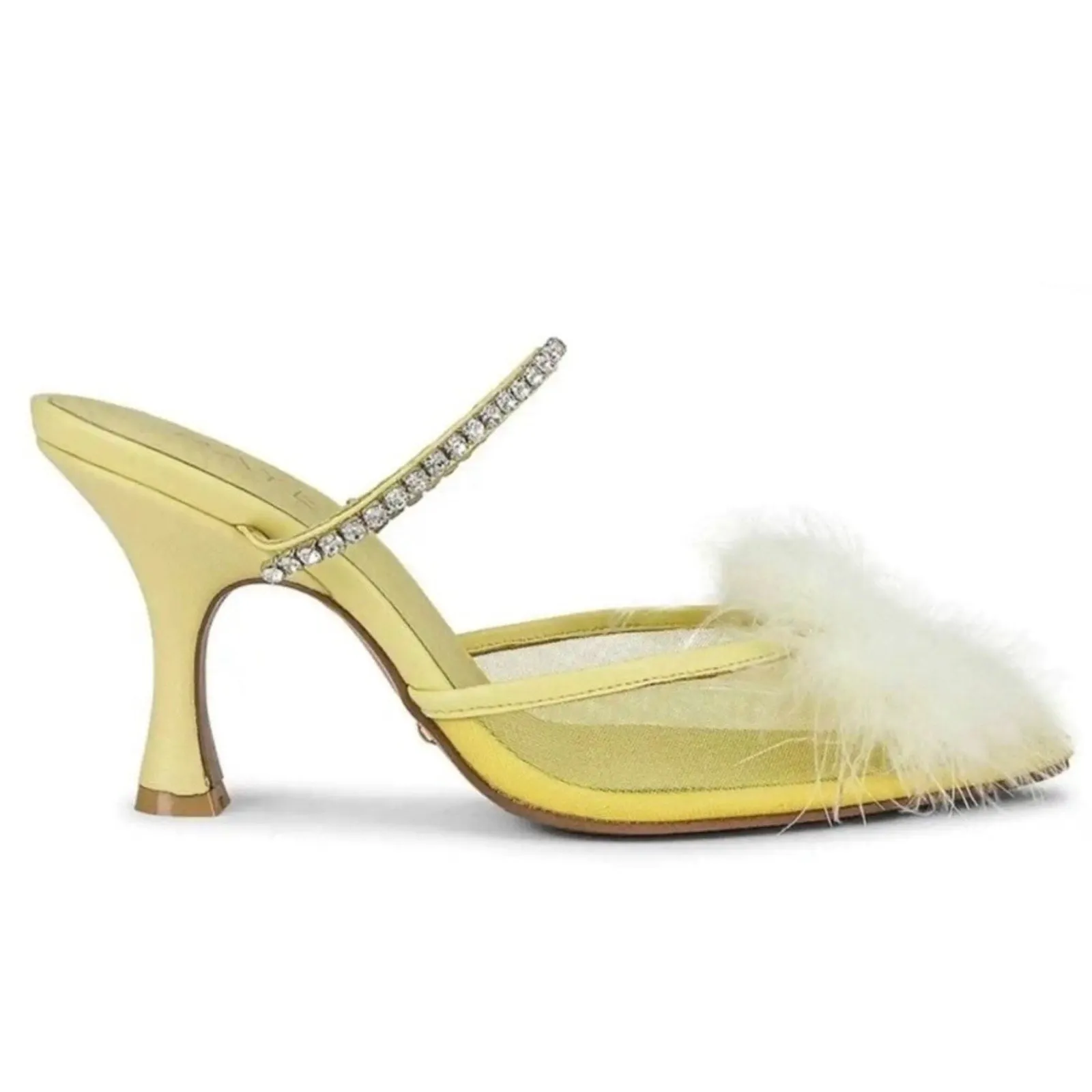 NEW RAYE Women's Duke Heel - Mesh Feather Pompom Crystal Embellished Strap, Pale Yellow, Size 9.5