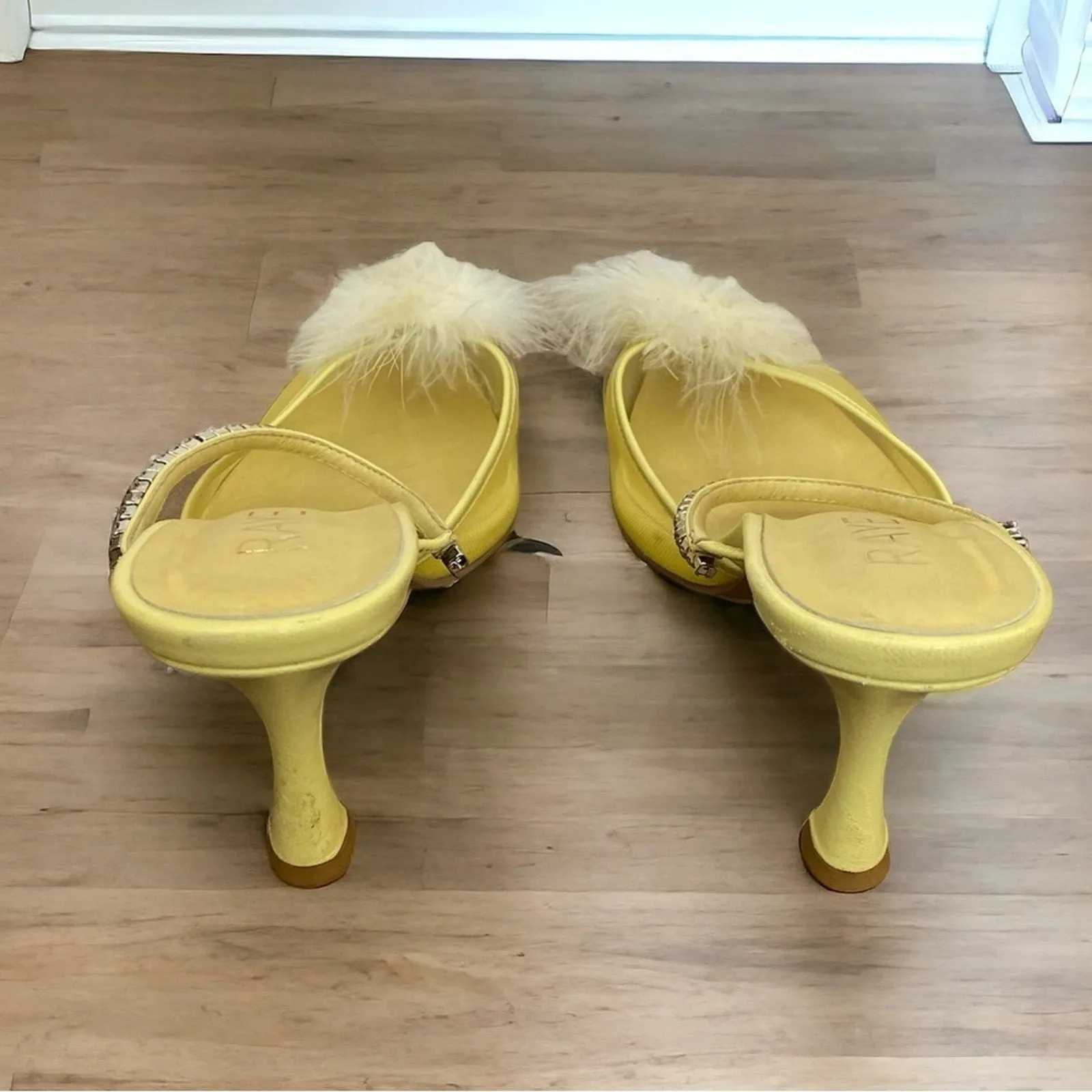 NEW RAYE Women's Duke Heel - Mesh Feather Pompom Crystal Embellished Strap, Pale Yellow, Size 9.5