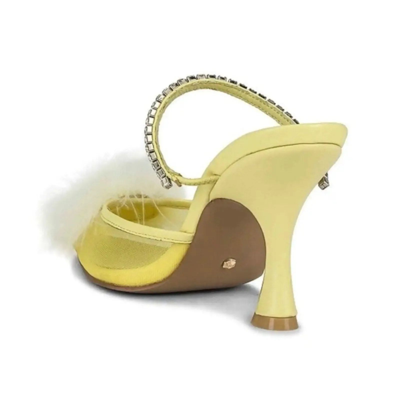NEW RAYE Women's Duke Heel - Mesh Feather Pompom Crystal Embellished Strap, Pale Yellow, Size 9.5