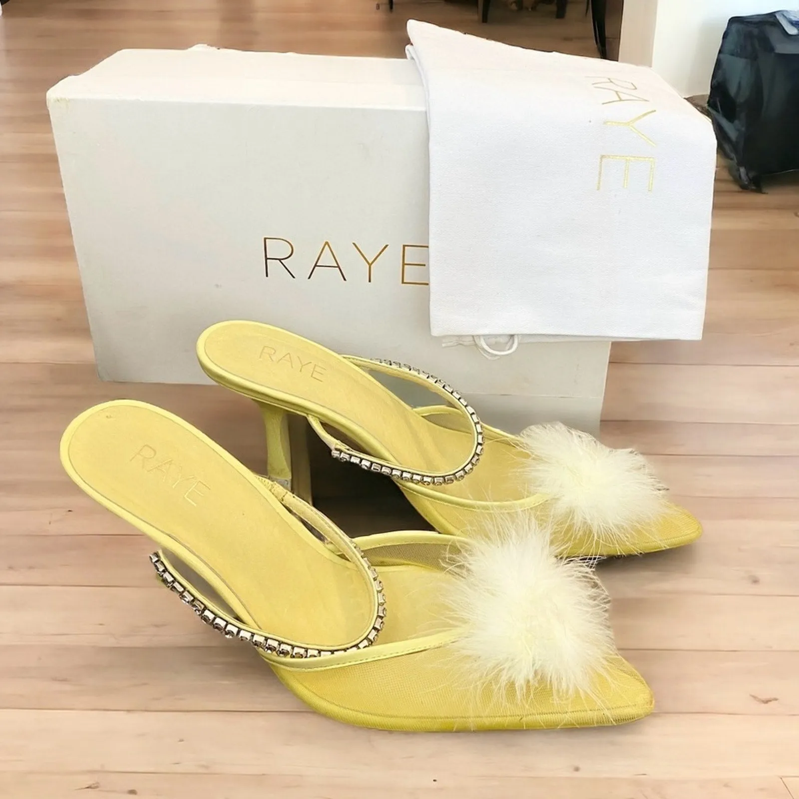NEW RAYE Women's Duke Heel - Mesh Feather Pompom Crystal Embellished Strap, Pale Yellow, Size 9.5