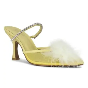 NEW RAYE Women's Duke Heel - Mesh Feather Pompom Crystal Embellished Strap, Pale Yellow, Size 9.5