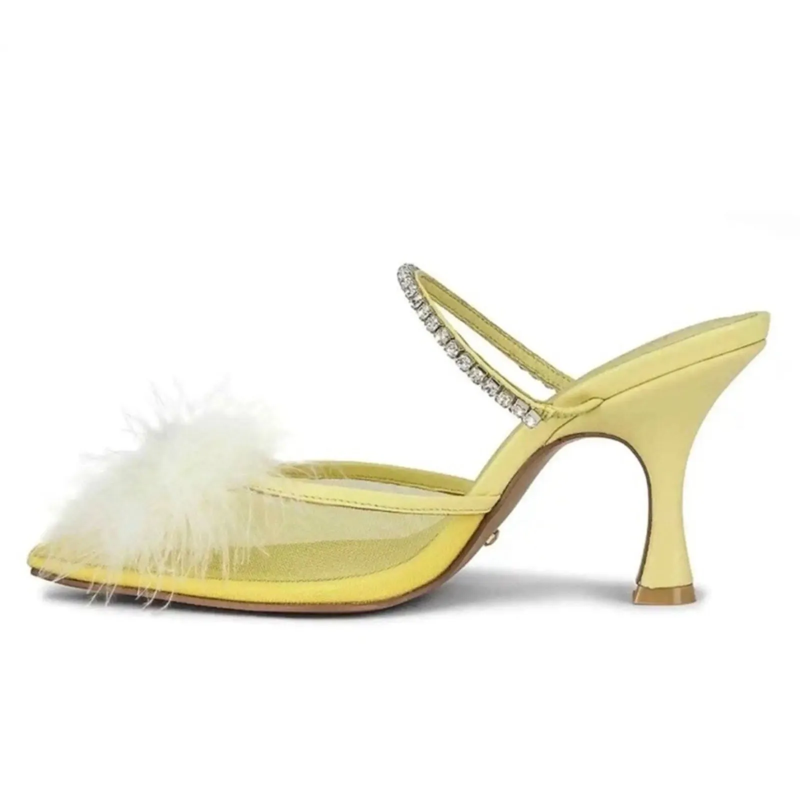 NEW RAYE Women's Duke Heel - Mesh Feather Pompom Crystal Embellished Strap, Pale Yellow, Size 9.5