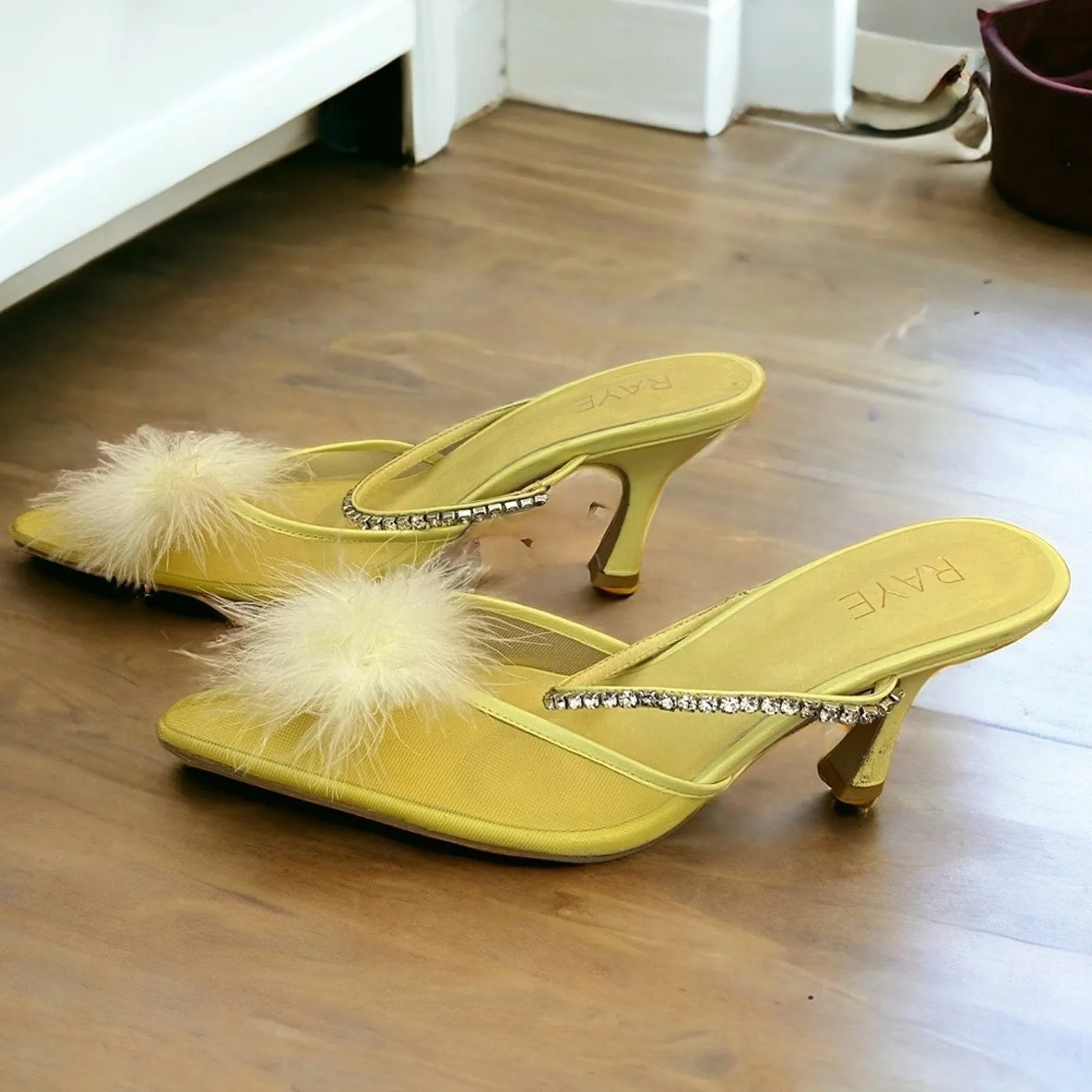 NEW RAYE Women's Duke Heel - Mesh Feather Pompom Crystal Embellished Strap, Pale Yellow, Size 9.5