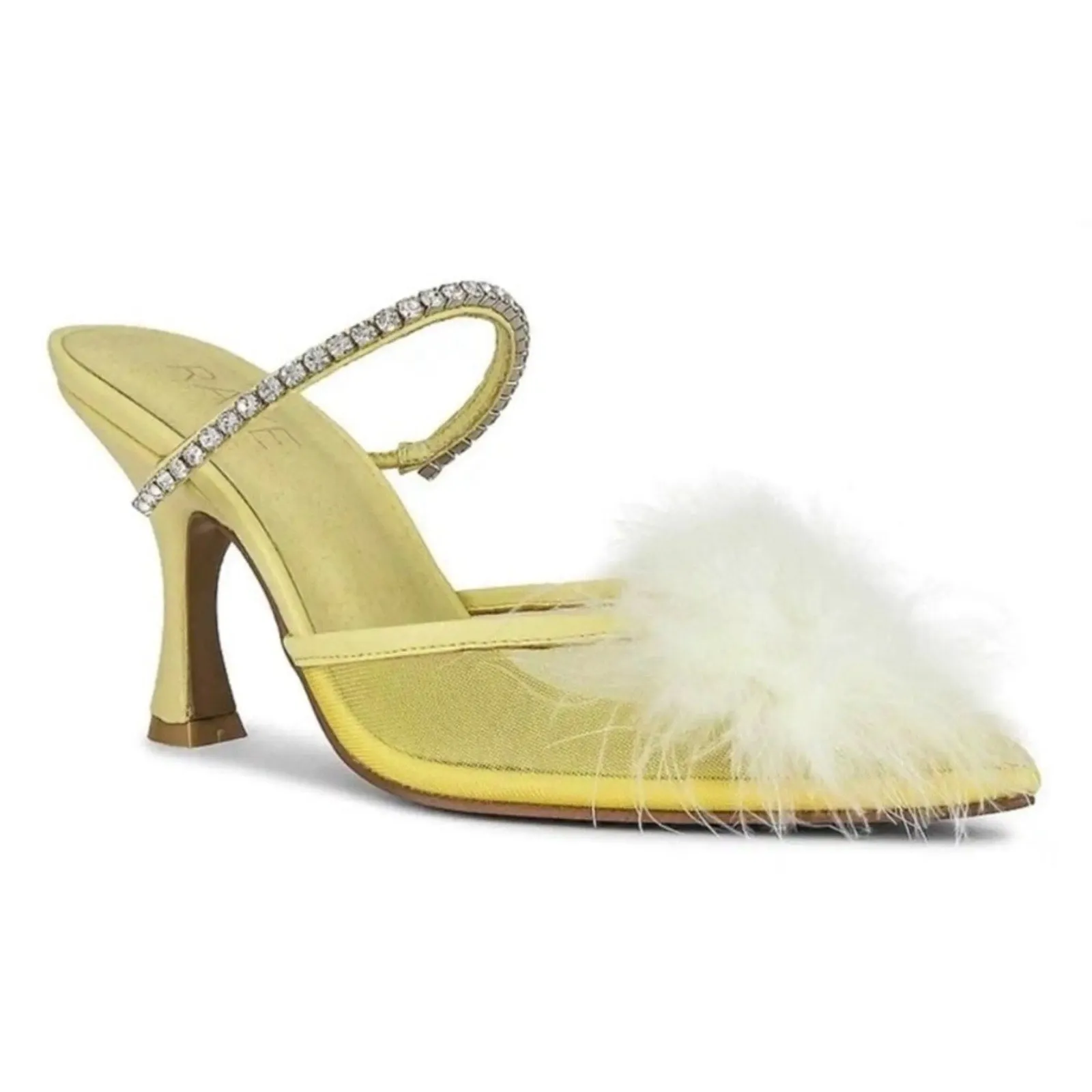 NEW RAYE Women's Duke Heel - Mesh Feather Pompom Crystal Embellished Strap, Pale Yellow, Size 9.5